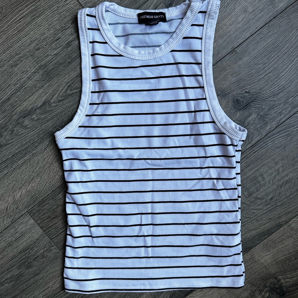 Streetwear Society White and Black Striped Tank Top